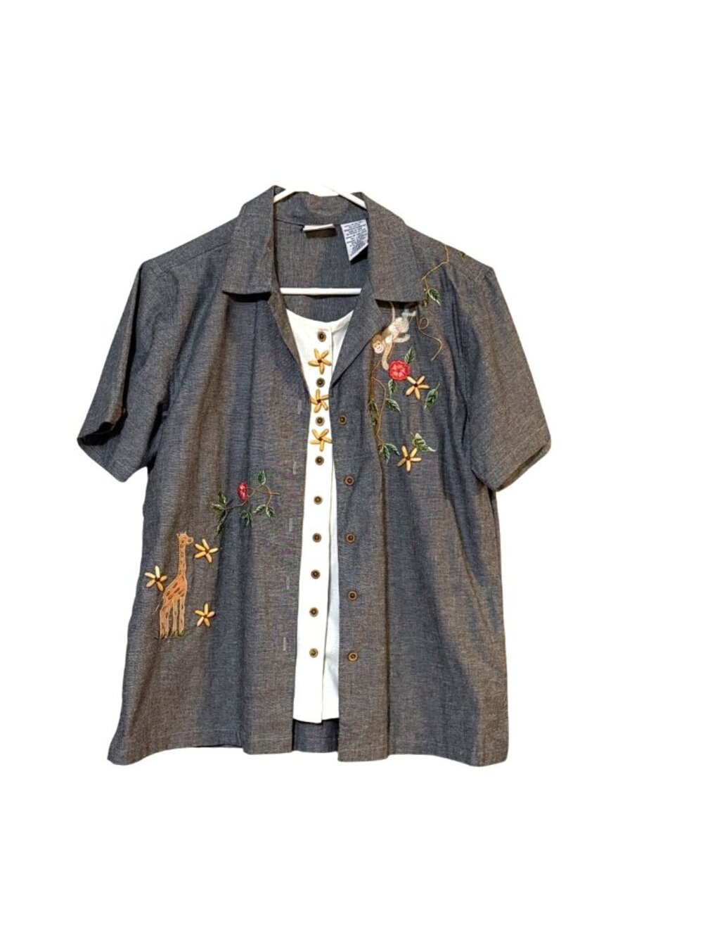Vtg Ladies Embroidered Chambray Shirt Jungle Animals Floral Details Button M